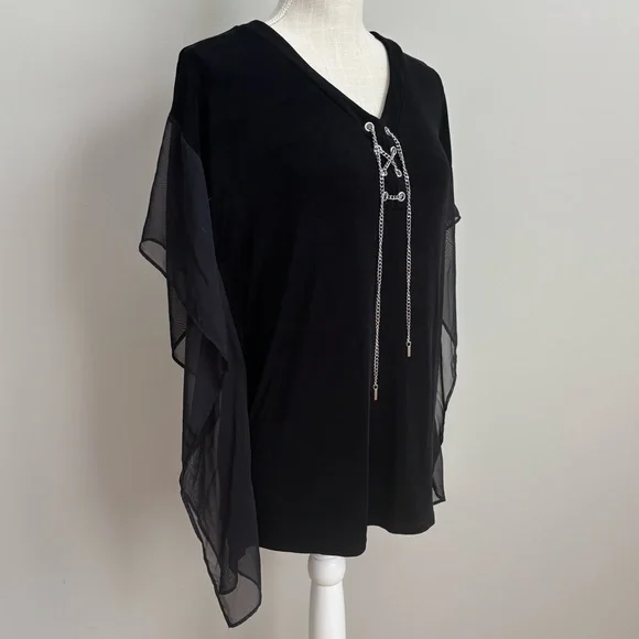 Chico's Travelers Classic Hardware Lace-Up Mesh V-Neck Top Black - Picture 3 of 8